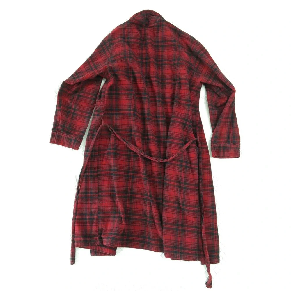 LL Bean Mens Red Black Plaid Flannel Robe Cotton Shawl Collar Medium bathrobe